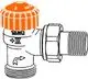 Thermostat-Ventilunterteil mit orangefarbenem Kopf und Außengewinde, von IMI Hydronic Engineering, in einer Eckform für den Einsatz in Heizungsanlagen.